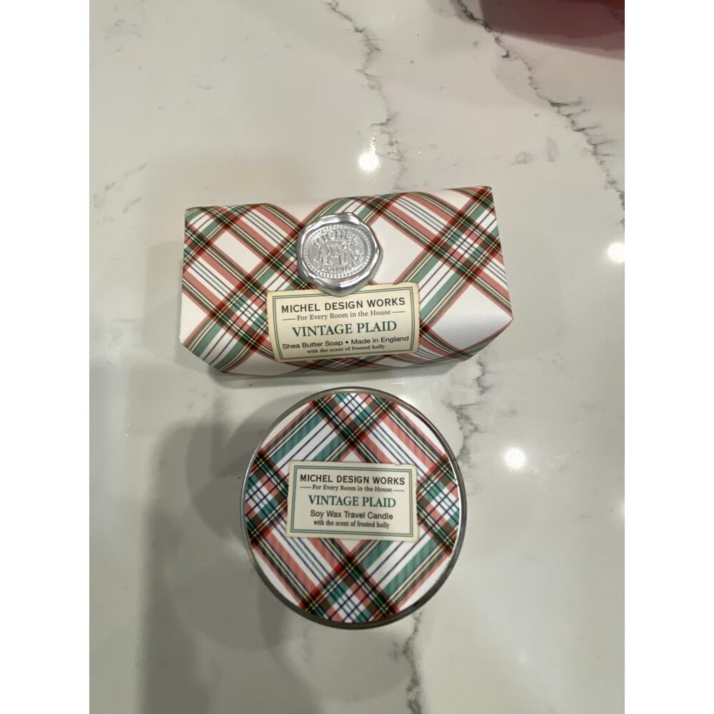 Michel Design Works Vintage Plaid Shea Butter Soap and Soy Wax Travel Candle